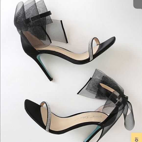 Betsy Johnson SB-Tori Black Satin Rhinestone Bow Ankle Strap - Picture 1 of 11